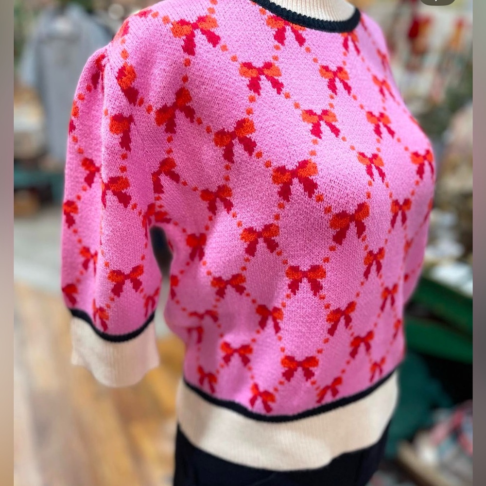 THML Pink and Red Bow Pattern Short Sleeve Sweater - Picture 2 of 4